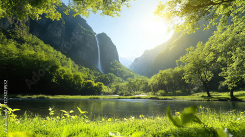 A serene landscape featuring a lush green valley, a flowing waterfall, and mountains bathed in warm sunlight, reflecting tranquility and natural beauty.