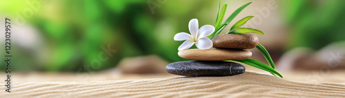 A serene arrangement of stacked stones with a flower and green leaves, conveying tranquility and balance in a natural setting.