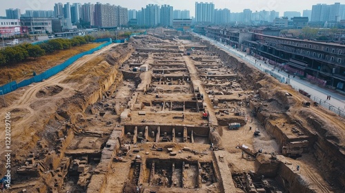Archaeological Excavation Site with Historical Ruins in City Landscape