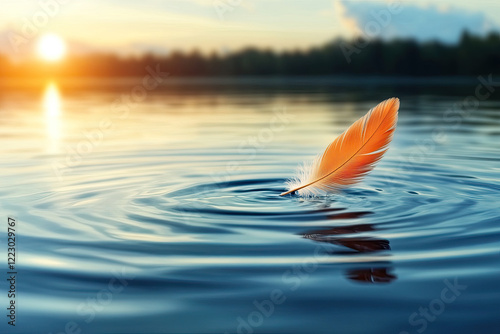 A vivid orange feather floats on calm water, creating gentle ripples, with a serene sunset backdrop enhancing the tranquil scene.