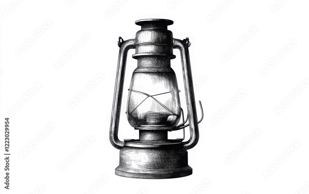 A monochrome vector illustration of a small, rustic decorative lantern with a glass casing and a handle