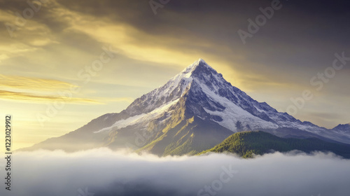 A majestic mountain peaks above the clouds, illuminated by a warm sunrise, creating a serene and breathtaking landscape.