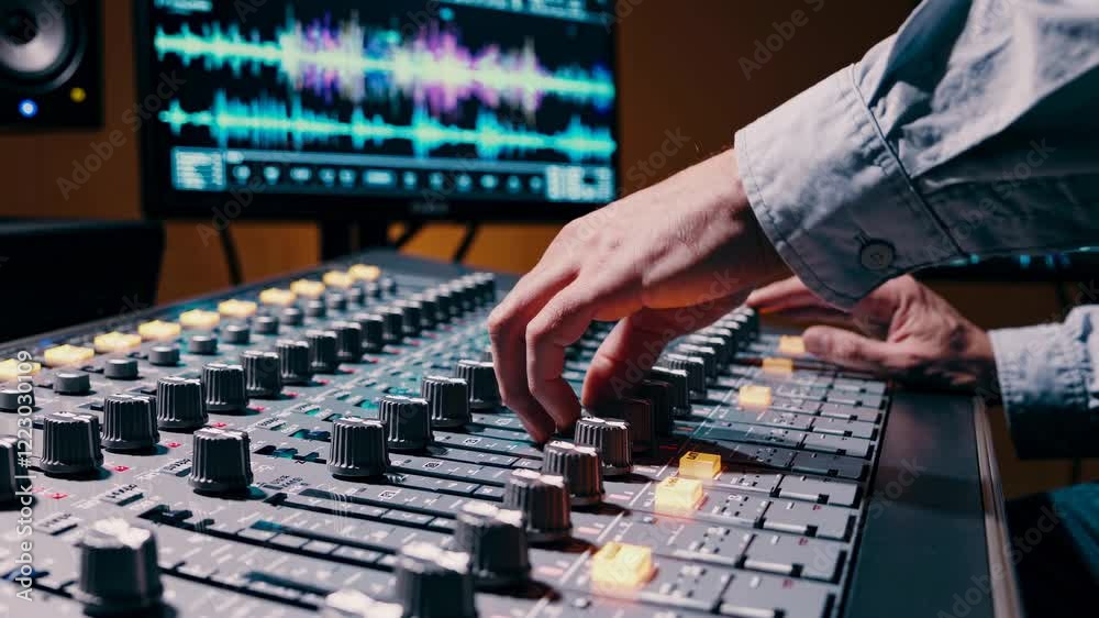 Mixing tracks in a professional studio setting while adjusting sound levels on a digital audio mixer