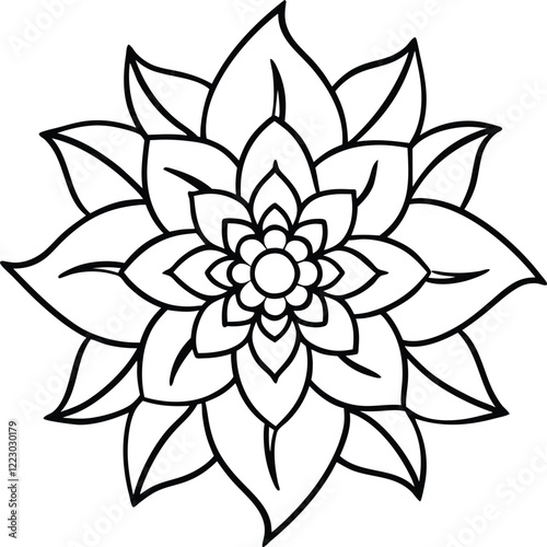 Intricate mandala design, black and white linework, symmetrical floral pattern, Mandala flower design, black and white, symmetrical pattern,  zentangle style, abstract botanical illustration, sacred g