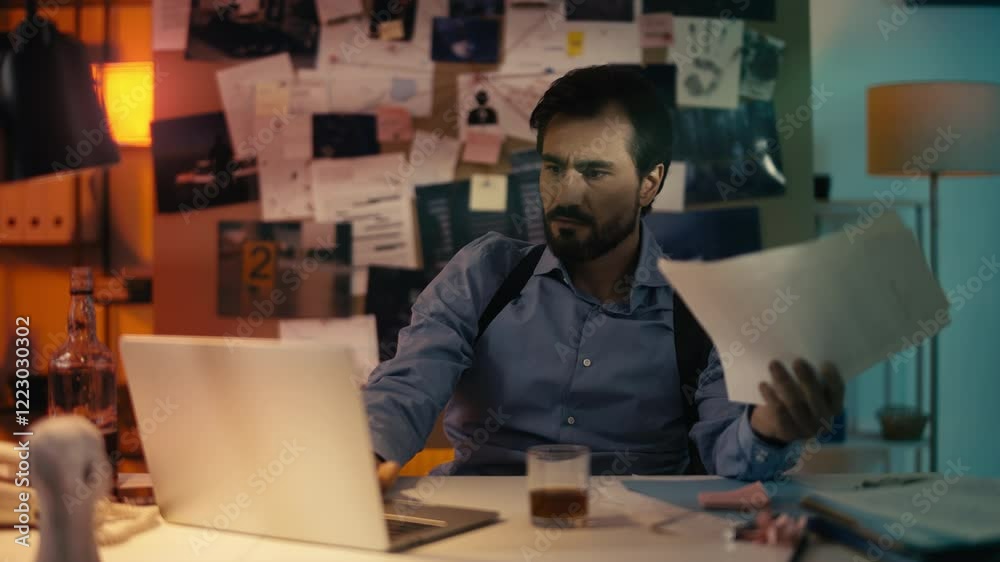 Detective drinks liquor while working late at night in office, showing burnout Detective drinks liquor while working late at night in office, showing burnout