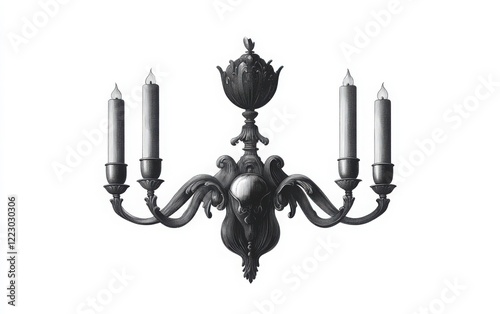 A monochrome vector illustration of a vintage wall sconce with ornate brass detailing and multiple small arms holding candles photo