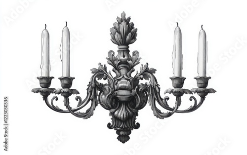 A monochrome vector illustration of a vintage wall sconce with ornate brass detailing and multiple small arms holding candles