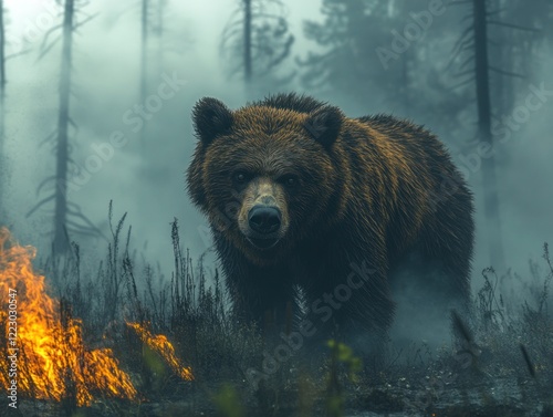 Wildlife in Focus: The Impact of Smoke and Fog on a Grizzly Bear Amidst Forest Fire Fallout photo