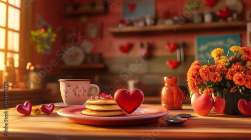 A cozy 3D cartoon Valentine breakfast scene with heart-shaped pancakes, coffee, and flowers on the table. photo