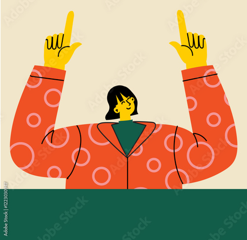 Young happy excited woman pointing up with fingers watching in sky, showing with hands, positive emotions. Flat graphic vector illustrations isolated on white background