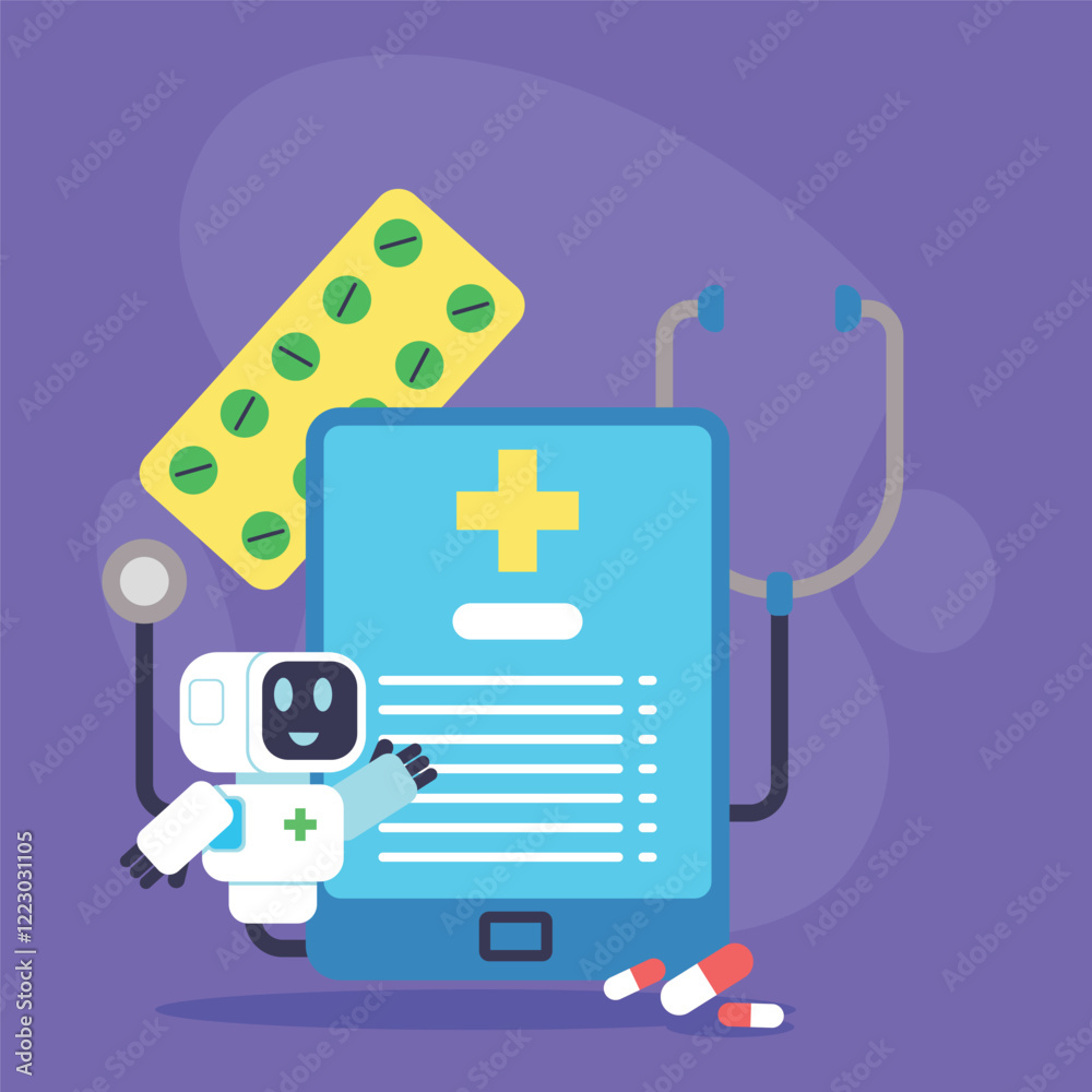 Small robot interacting with digital health record display, surrounded by medication, stethoscope, and blister pack of pills. Digital healthcare advancements concept Small robot interacting with digital health record display, surrounded by medication, stethoscope, and blister pack of pills. Digital healthcare advancements concept