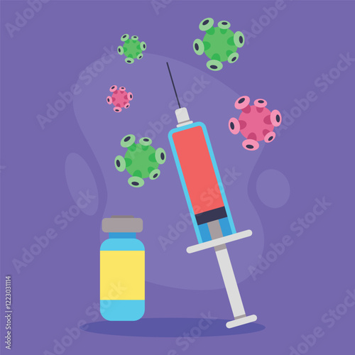 Syringe and vial against purple background, surrounded by colorful virus illustrations. Importance of vaccination and health concept