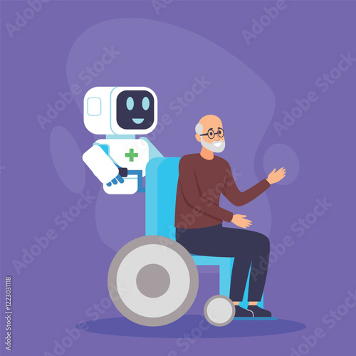 Elderly man with glasses sitting in wheelchair, smiling as friendly robot with medical symbol helping him. Modern technology in care giving concept