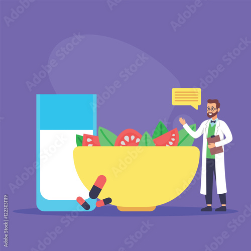 Doctor providing nutrition advice while standing next to bowl of salad and glass of water. Healthy eating habits and importance of balanced meals concept