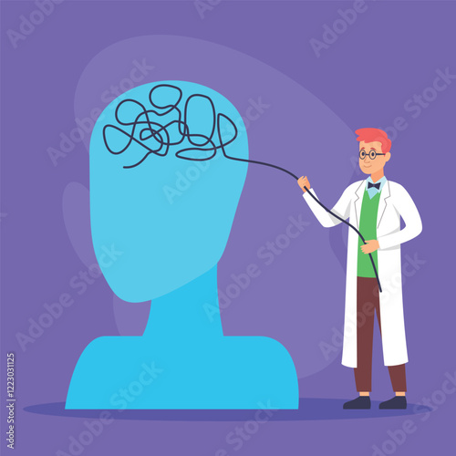 Mental health professional guiding tangled line representing thoughts from large silhouette of head. Therapeutic intervention and cognitive clarity concept