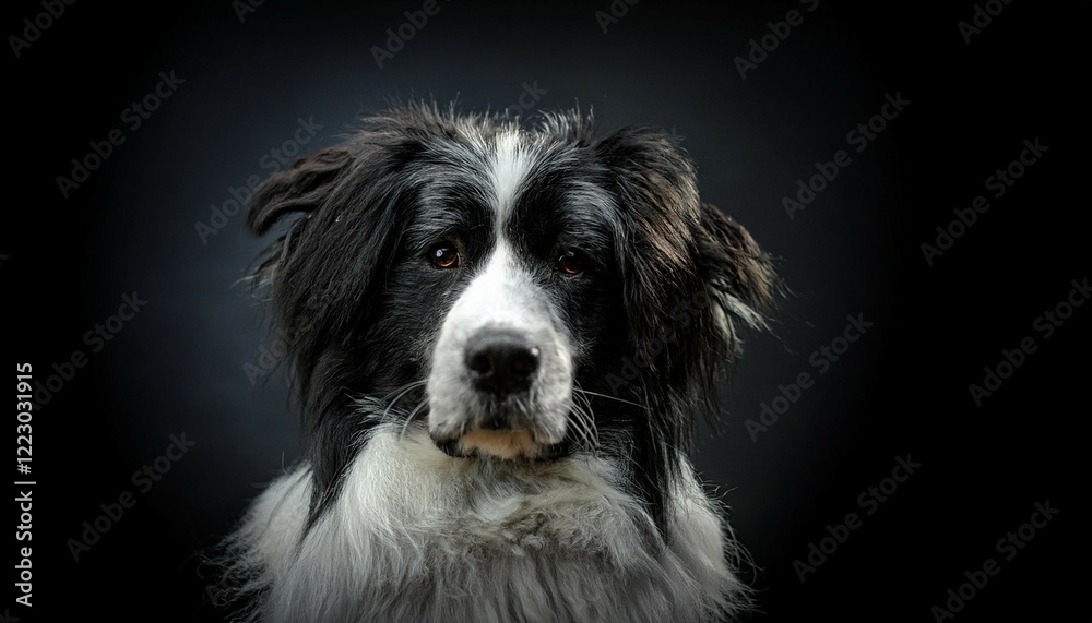 close up portrait of a fluffy black and white dog against a dark backdrop perfect for pet lovers and animal enthusiasts close up portrait of a fluffy black and white dog against a dark backdrop perfect for pet lovers and animal enthusiasts