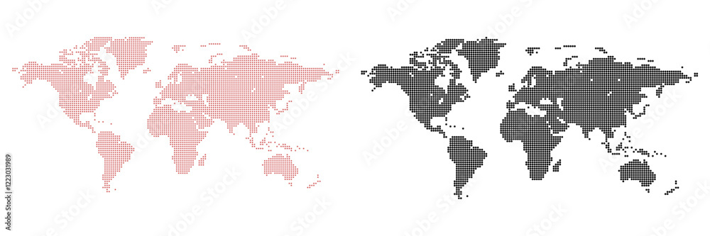 Dotted world map vector design. Dotted world map featuring circle and star shape. view of continents, countries, and connections for infographics, cartography, projects. Eye-catching dot map. Dotted world map vector design. Dotted world map featuring circle and star shape. view of continents, countries, and connections for infographics, cartography, projects. Eye-catching dot map.