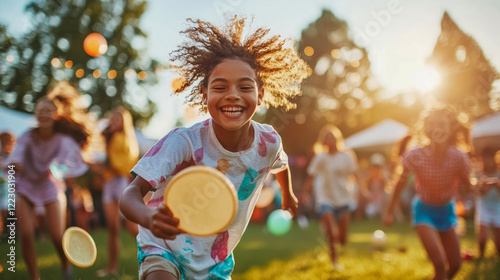 Joyful Child Playing Frisbee at Summer Festival: A Happy Kid Running with Friends photo