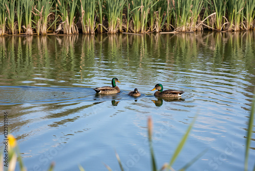 Family of ducks swimming in a serene pond surrounded by reeds and cattails