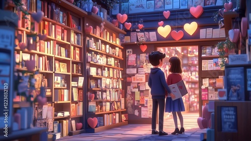 A charming 3D cartoon bookstore with heart-shaped decorations and a couple browsing love stories. photo