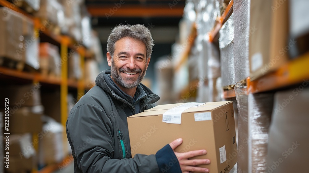 A warehouse employee smiles at the camera while scanning a package.
