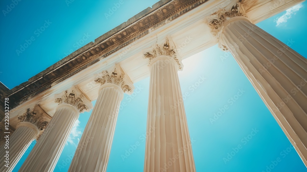 Fototapeta premium Majestic Classical Greek Temple with Tall Ornate Columns Standing Tall Against a Bright Cloudless Blue Sky This Iconic
