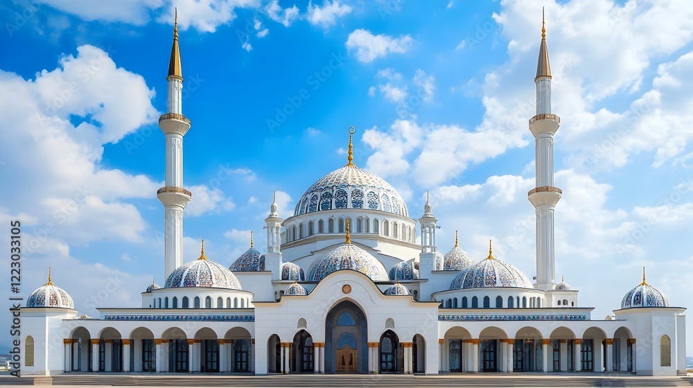 Fototapeta premium Majestic Islamic Mosque with Intricately Designed Domes and Towering Minarets Set Against a Breathtaking Blue Sky with Fluffy Clouds