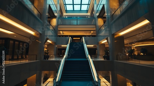 Majestic symmetrical stairway leading up in a grand luxurious hotel lobby with ornate architectural details marble floors and sophisticated lighting design photo