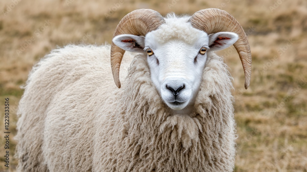 Naklejka premium Majestic horned sheep in pasture