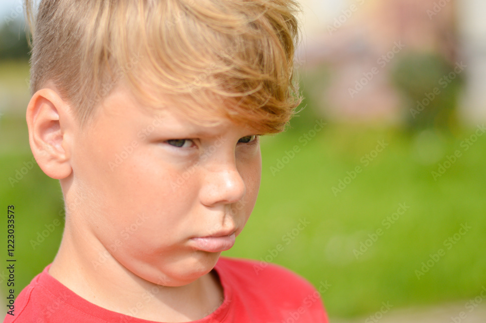 Beautiful angry boy looking at you. Mad kid got upset and sad and he has a negative attitude. Depressed boy complaining Beautiful angry boy looking at you. Mad kid got upset and sad and he has a negative attitude. Depressed boy complaining