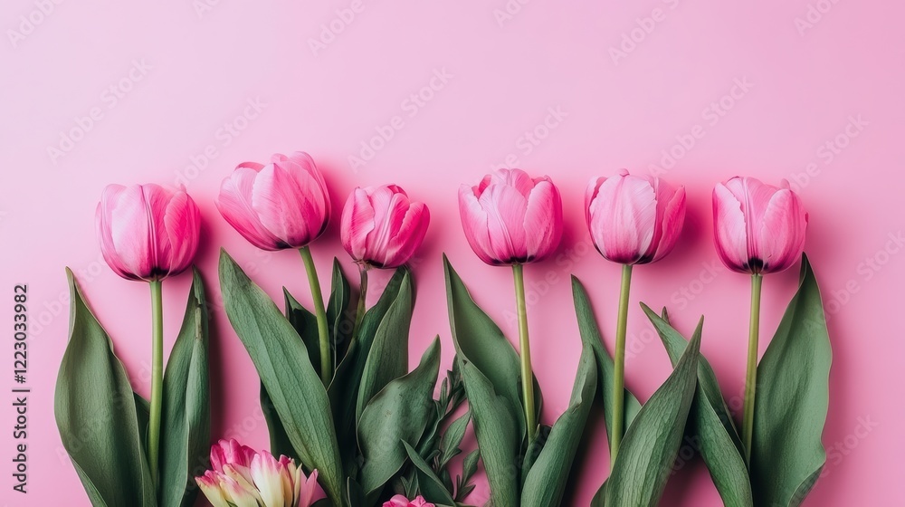 Spring floral flat lay with peonies and tulips on pink gradient background Spring floral flat lay with peonies and tulips on pink gradient background