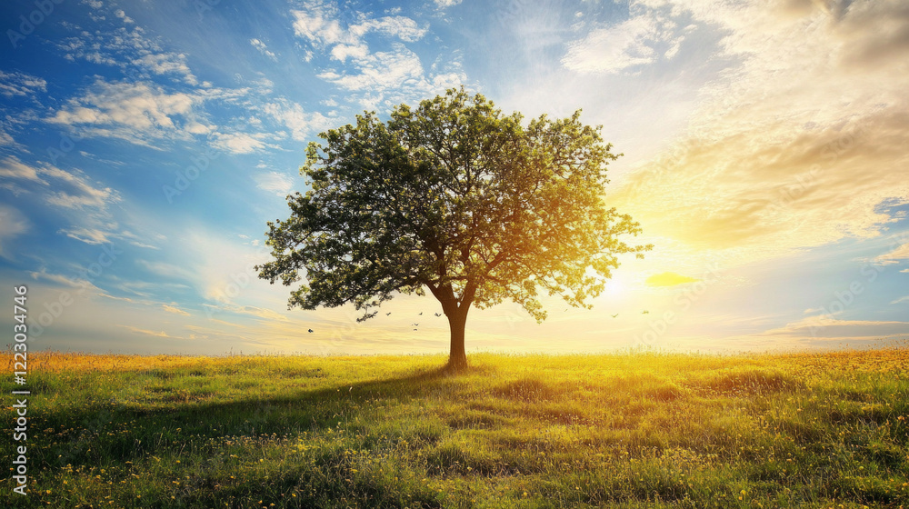 Fototapeta premium Sunrise over a solitary tree in a grassy field with vibrant skies