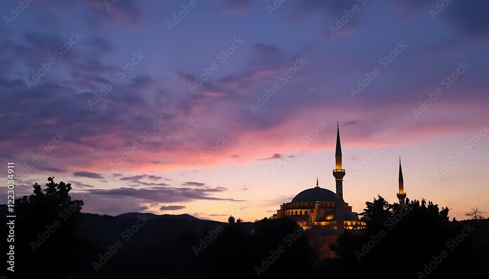 Obraz premium Mosque Silhouette Against Vibrant Sunset Sky