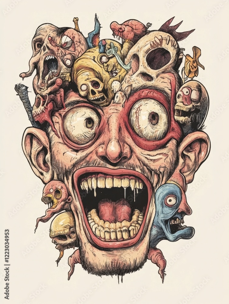 Fototapeta premium Surreal Portrait of a Man Surrounded by Distorted Faces and Skulls