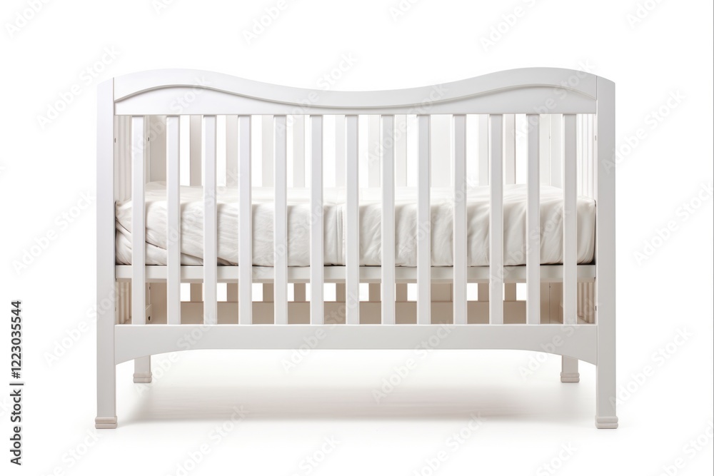White Wooden Baby Crib for Comfortable Sleep and Rest, Isolated on White Background - Perfect for Children's Furniture and Bedchamber White Wooden Baby Crib for Comfortable Sleep and Rest, Isolated on White Background - Perfect for Children's Furniture and Bedchamber