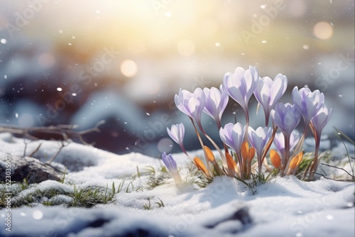 Wintery Wonderland: Crocus Bloom in Snowy Forestscape Created by AI photo