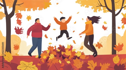 Family jumping and playing in a pile of autumn leaves on a crisp, colorful day. photo