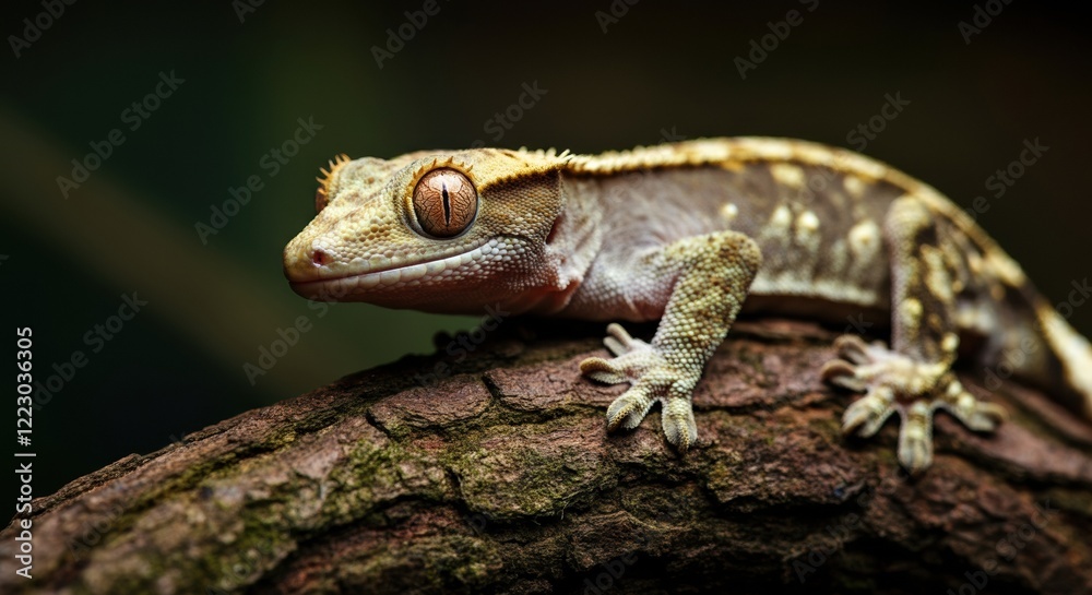 Close-up of a gecko resting on a tree branch in a natural habitat Close-up of a gecko resting on a tree branch in a natural habitat