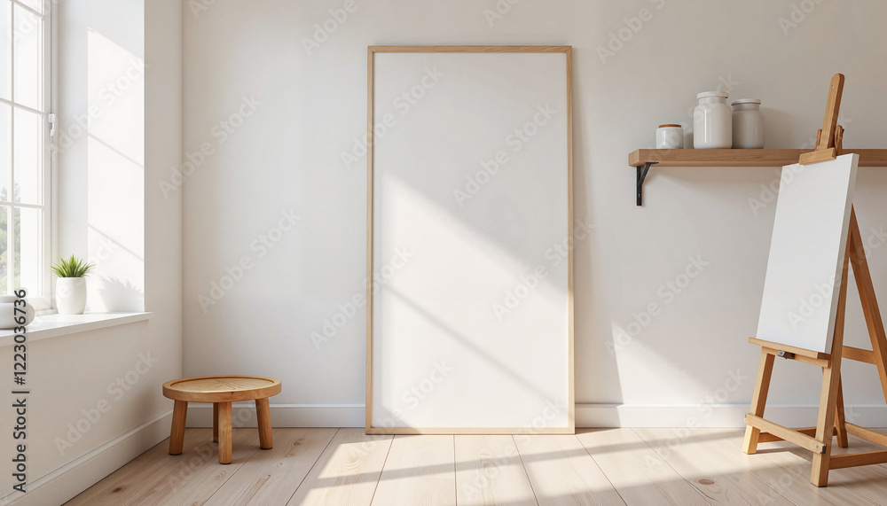 Fototapeta premium Minimalist studio space with easel and canvas, quiet inspiration