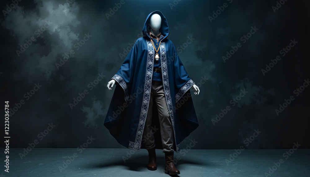Naklejka premium Mysterious manikin in midnight-blue cloak against smoky backdrop, magic
