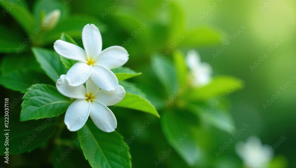delicate white jasmine flowers on lush green bush, blooming flowers, plant life delicate white jasmine flowers on lush green bush, blooming flowers, plant life