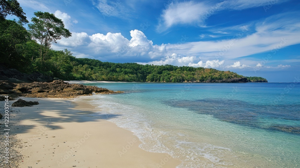 Scenic tropical beach with clear turquoise water and lush green hills under a blue sky Scenic tropical beach with clear turquoise water and lush green hills under a blue sky