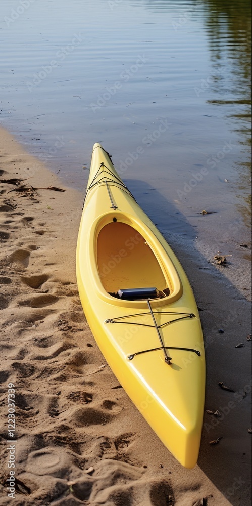 Yellow Kayak and Paddle on Beach. Nautical Adventure in River and Coastal Conservation Yellow Kayak and Paddle on Beach. Nautical Adventure in River and Coastal Conservation
