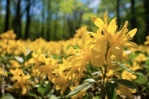 Yellow Golden Alexander Flower Blooming in Spring at Blue Star Memorial Woods in Glenview, Illinois. Lush Green Field in the Background photo