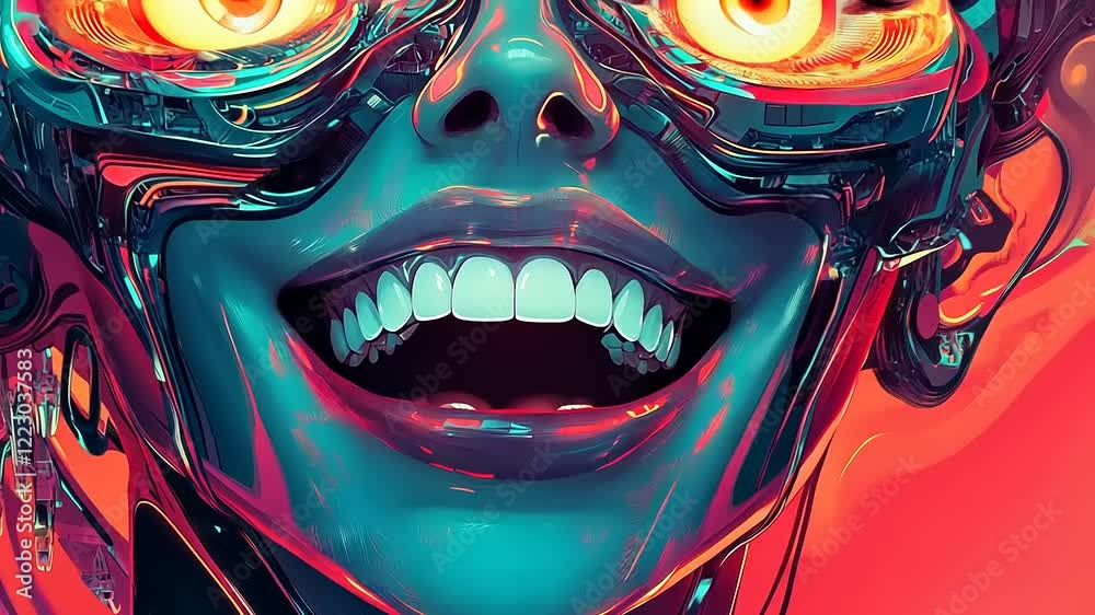 Vibrant Cyborg Smile: Close-up of a futuristic, smiling robotic face with glowing goggles. Vibrant Cyborg Smile: Close-up of a futuristic, smiling robotic face with glowing goggles.