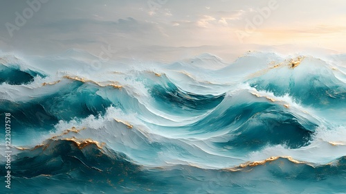 abstract impressive oil painting depicting sea waves with foamy water decorated with a subtle golden texture