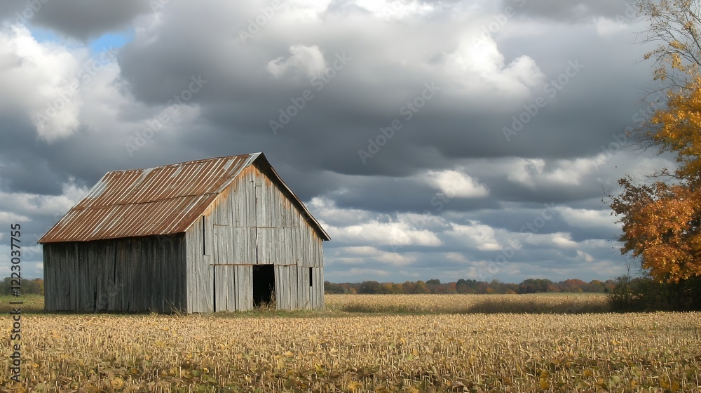 Rustic weathered wooden barn standing in a wide open field under a dramatic cloudy sky in a picturesque countryside landscape Rustic weathered wooden barn standing in a wide open field under a dramatic cloudy sky in a picturesque countryside landscape