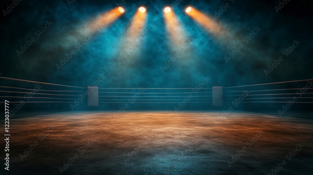 Naklejka premium 3D rendering of an empty boxing ring illuminated by spotlights