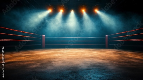 3D rendering of an empty boxing ring illuminated by spotlights