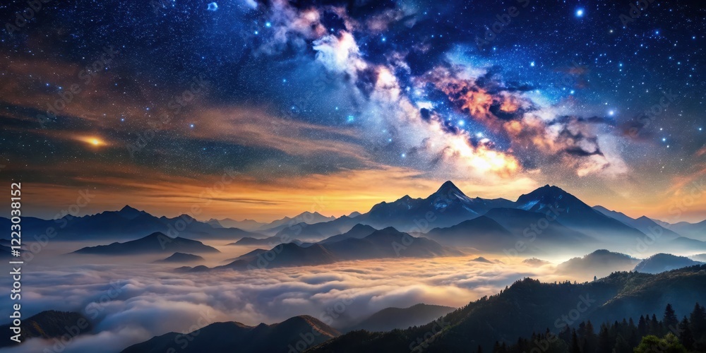 A serene landscape of a mountain range at dusk with stars and clouds , mountains, nature A serene landscape of a mountain range at dusk with stars and clouds , mountains, nature